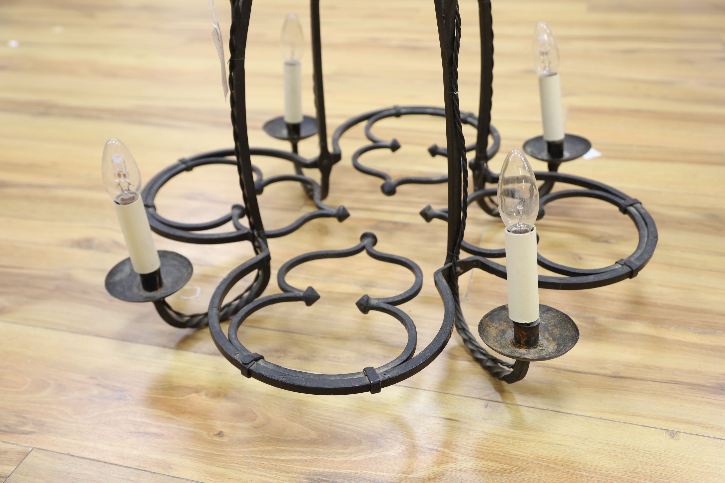 A large Gothic-style wrought iron chandelier, drop 79cm excl. chain